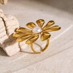 Goldfarbe / One size / 1 Stück klassischer verstellbarer Ring aus Edelstahl im Vintage-Stil in Blumenform, 18 Karat vergoldet mit eingelegter Kunstperle Bild2